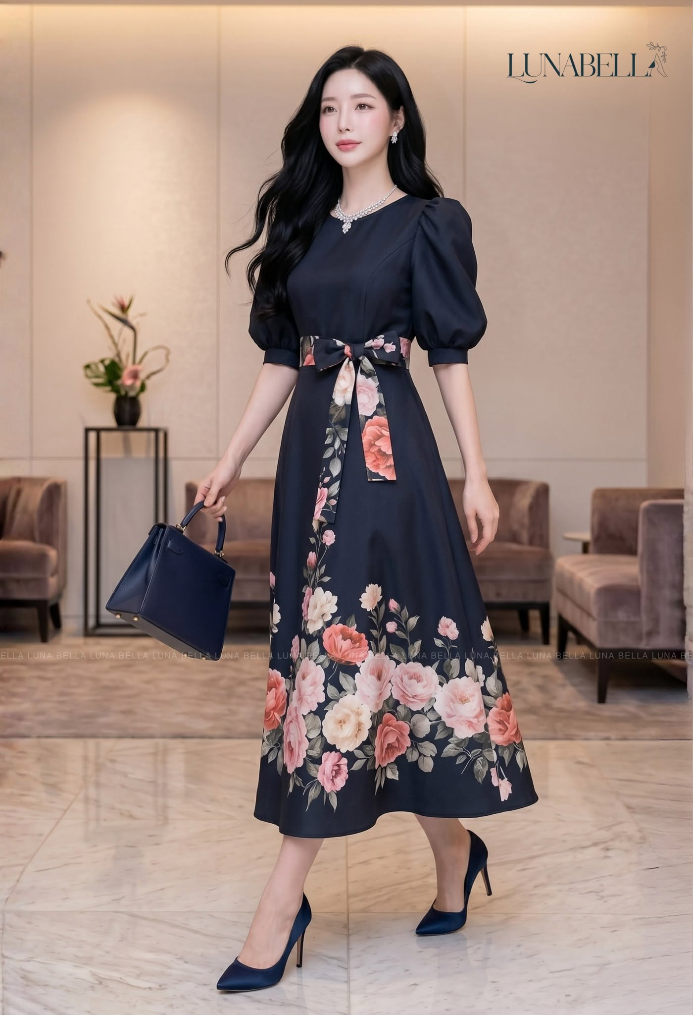 Váy liên dài tay bồng in hoa ROSINA màu XANH NAVY