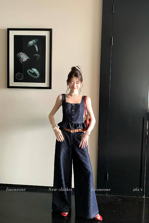 Lucas - Set denim áo 2 quai bản lớn cài cúc gấu xòe + quần suông dáng dài