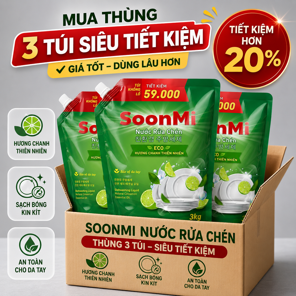 1 Thùng 3 Túi Nước Rửa Chén Soonmi Hương Chanh 3kg