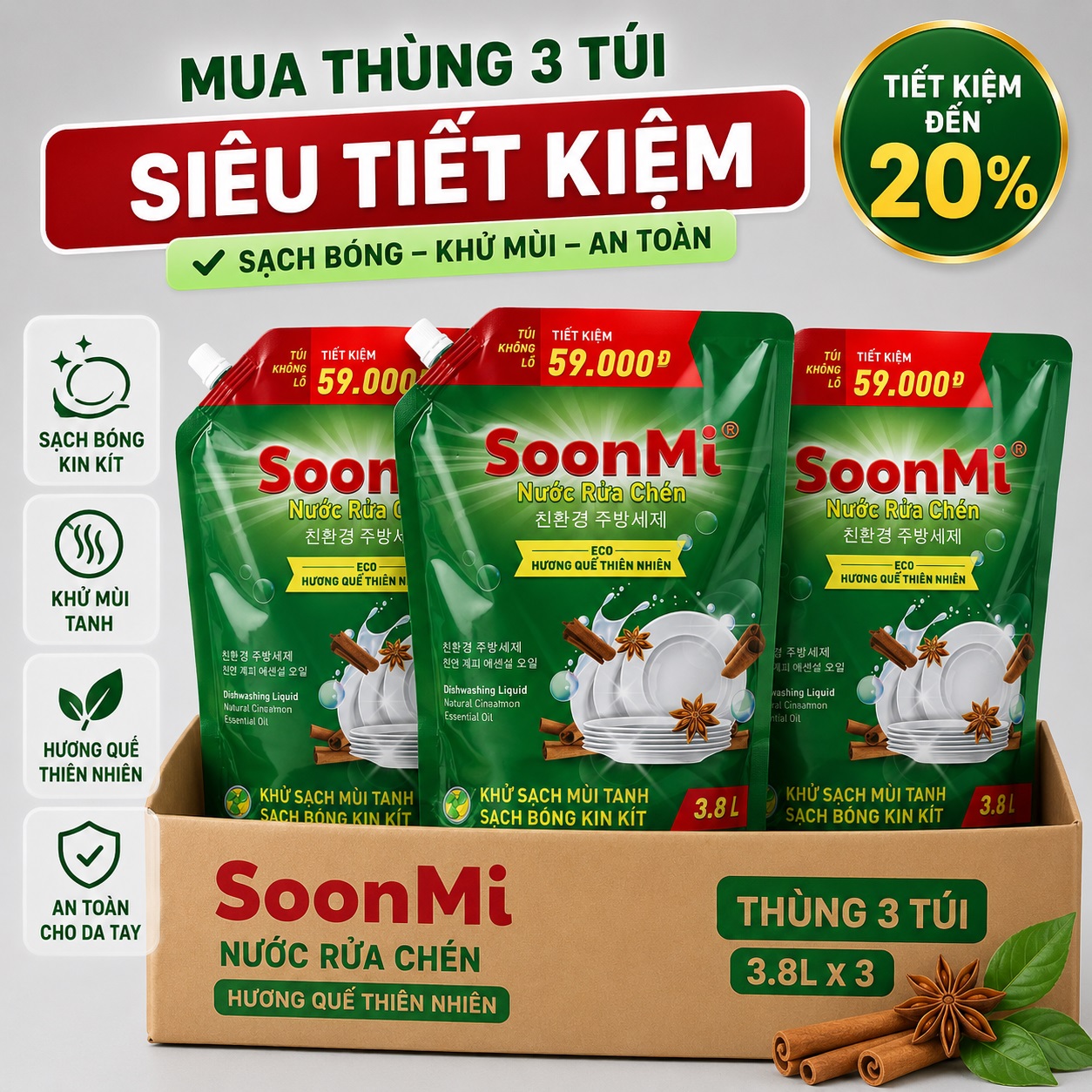 1 Thùng 3 túi nước rửa chén hương quế Soonmi 3.8L
