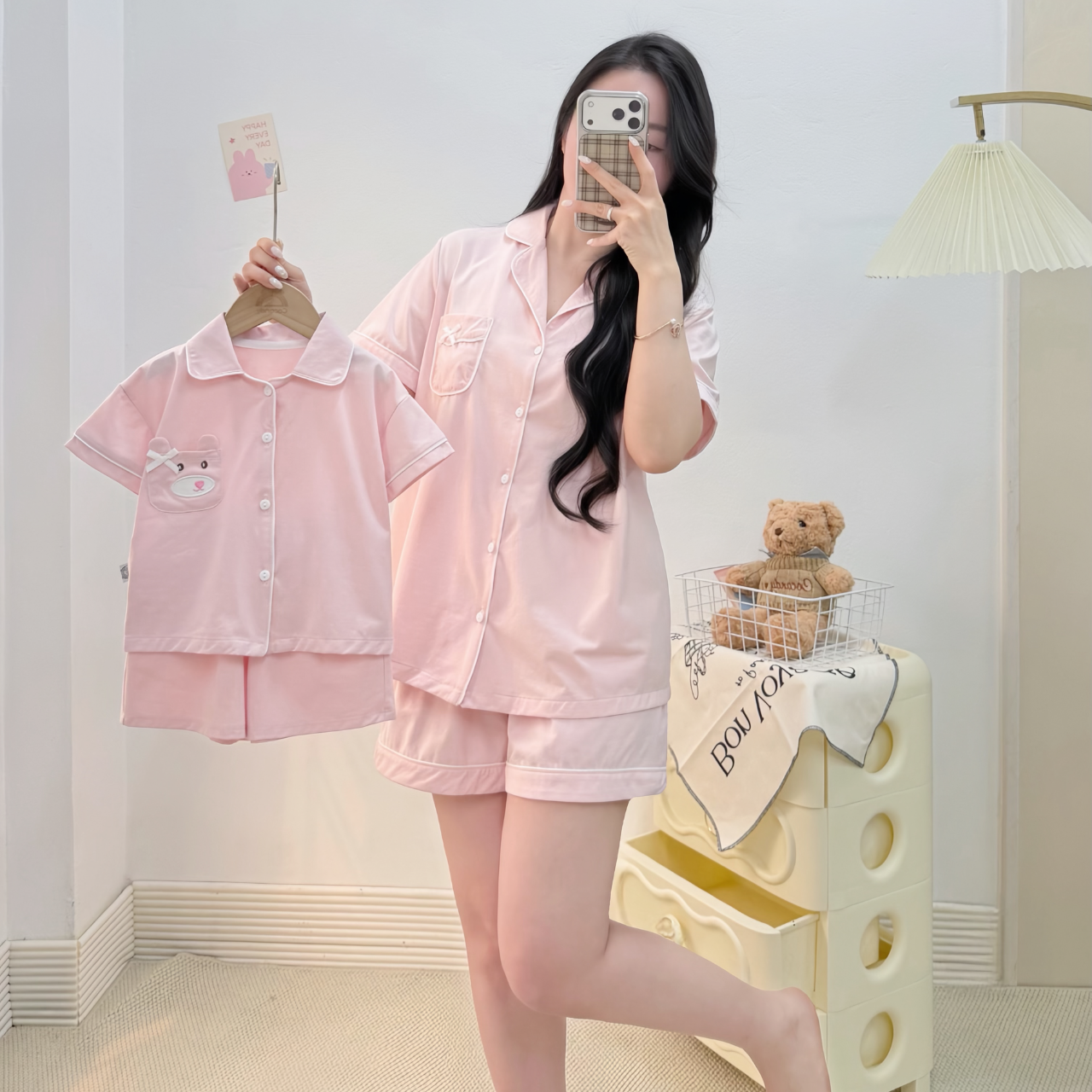 Bộ cộc pijama HỒNG túi nơ NỮ