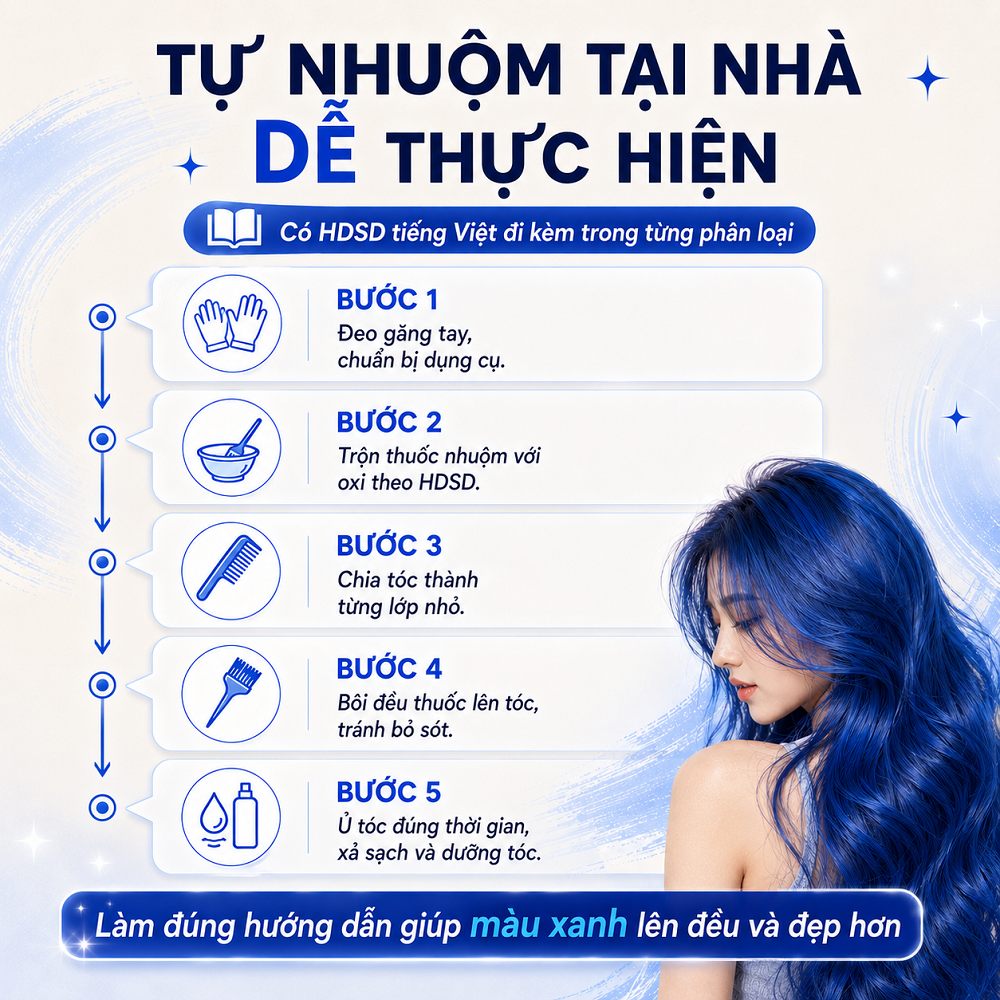 Thuốc Nhuộm Tóc Xanh Dương Denim Blue Tự Nhuộm Tại Nhà, Lên Xanh Dương / Xanh Đen Ánh Xanh, Kèm Oxi Và HDSD Tiếng Việt_thumbnail_7