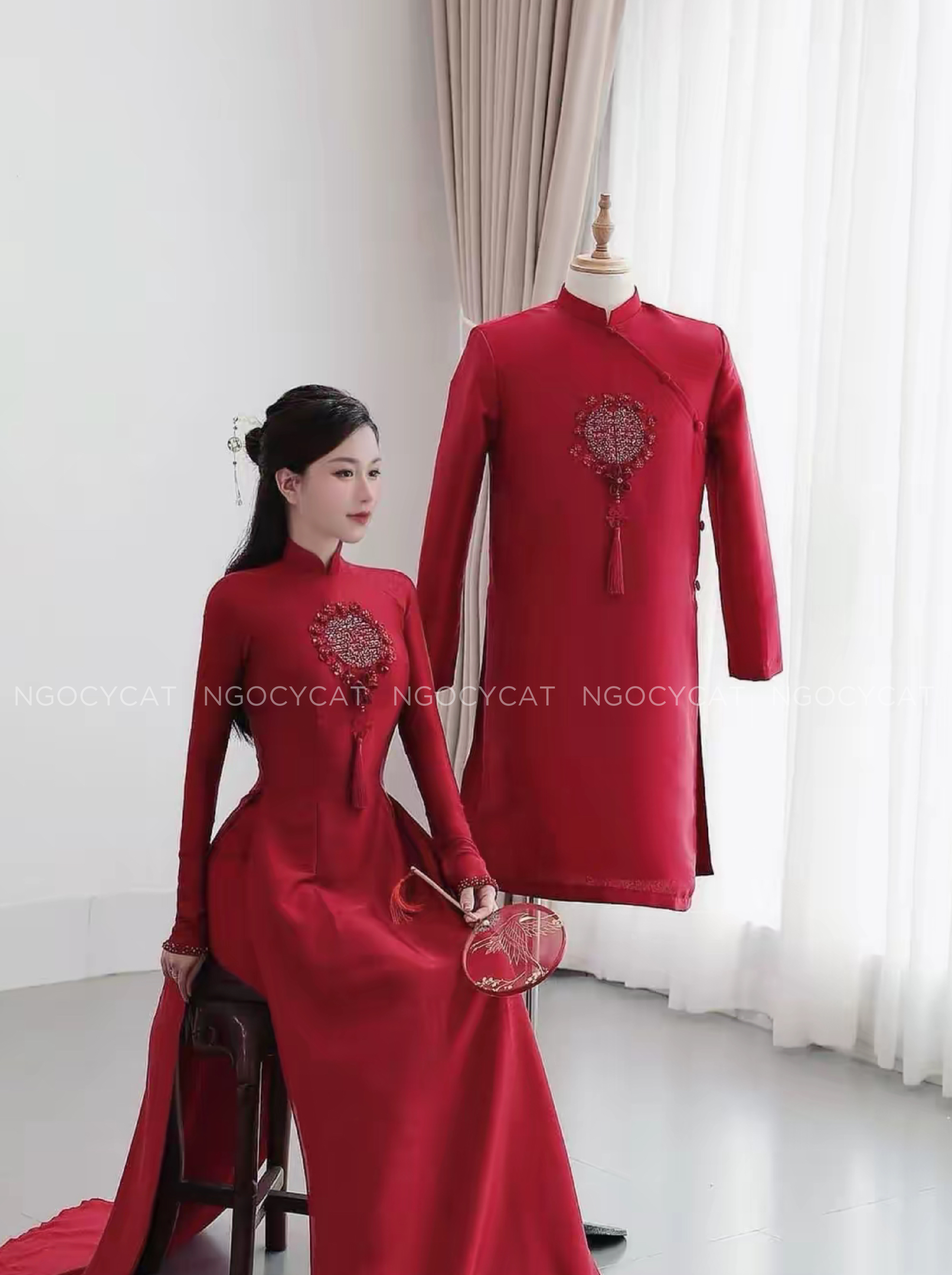 Áo Dài Dâu Rể Đỏ Hoa Quanh Hỷ Tròn_thumbnail_1