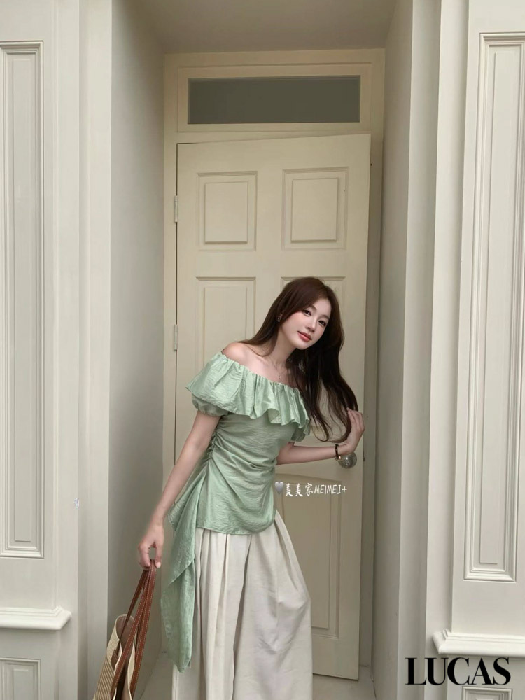 Áo sơ mi trễ vai bèo ngực rúm eo, bèo lệch 1 bên