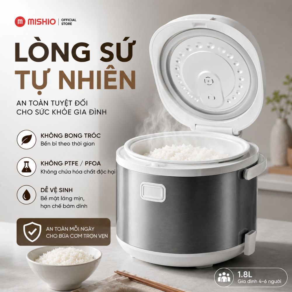 Nồi Cơm Điện Lòng Sứ Dung Tích 1.8 LÍT MISHIO MK402