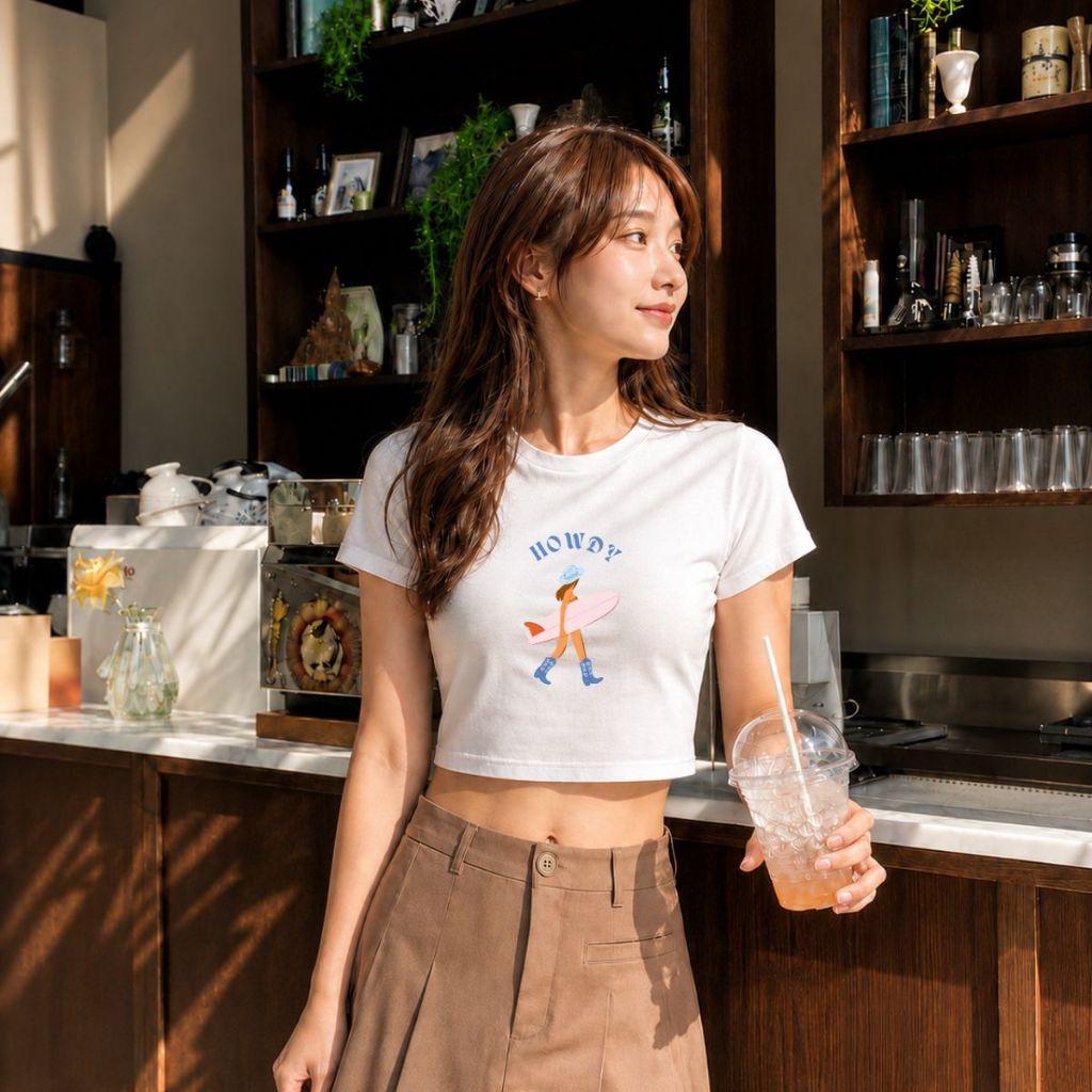 [Form Ôm] Áo croptop hình cô gái cầm ván lướt và chữ 'Howdy'- Loza CR8605_thumbnail_3