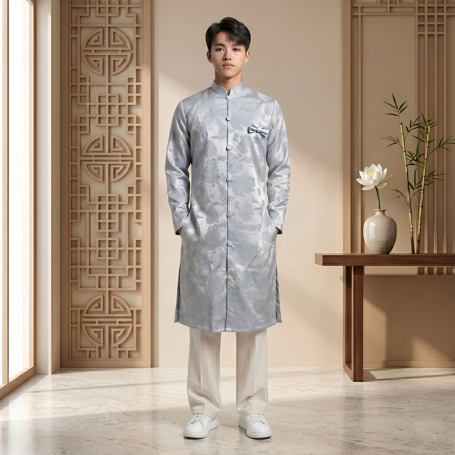 Áo Dài Nam Gấm Châu Sa Cao Cấp Xanh Bạc - Họa Tiết Mới Lạ Trẻ Trung NA26-15_thumbnail_2