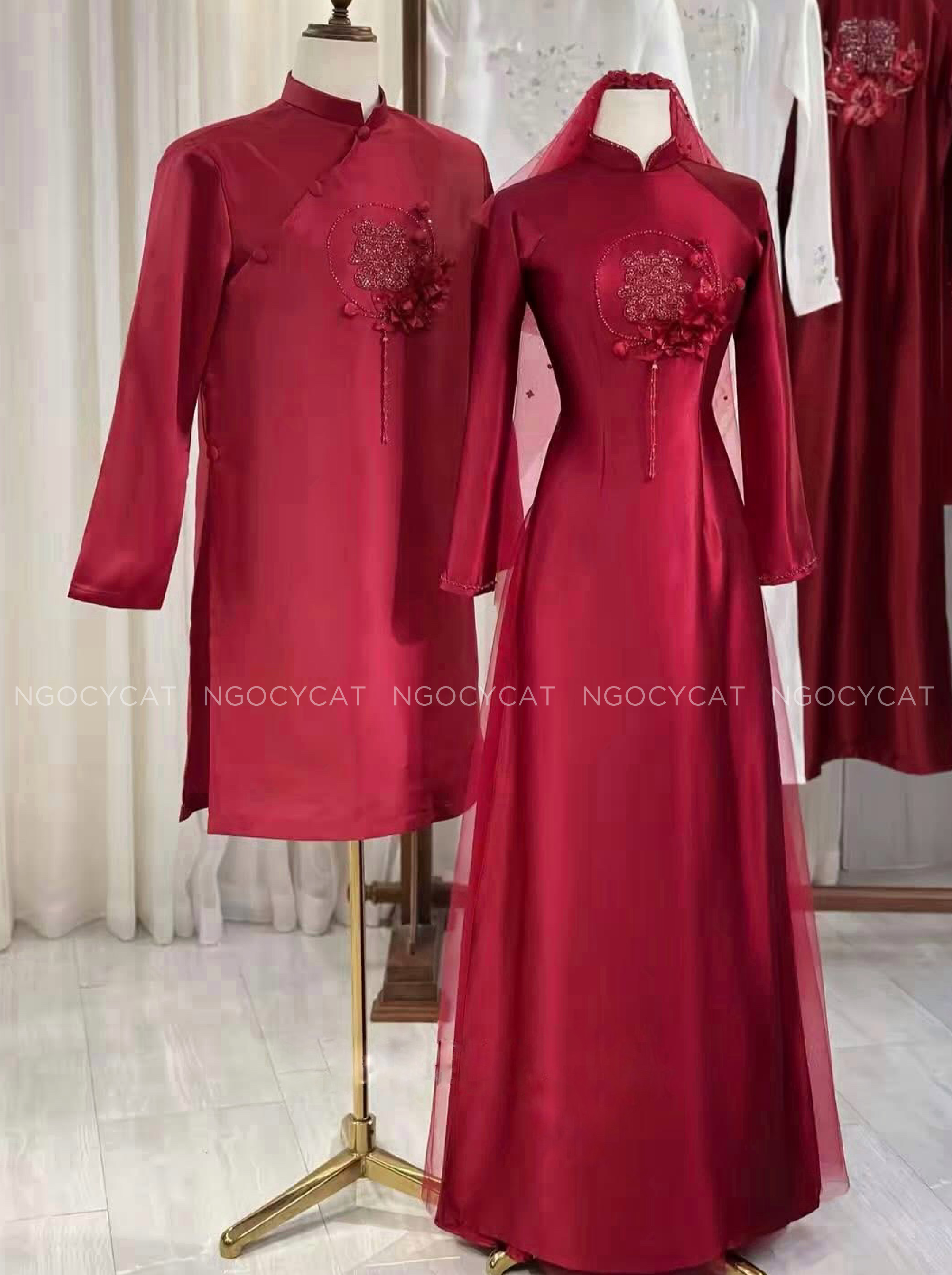 Áo Dài Dâu Rể Đỏ Hỷ Phiến Hoa