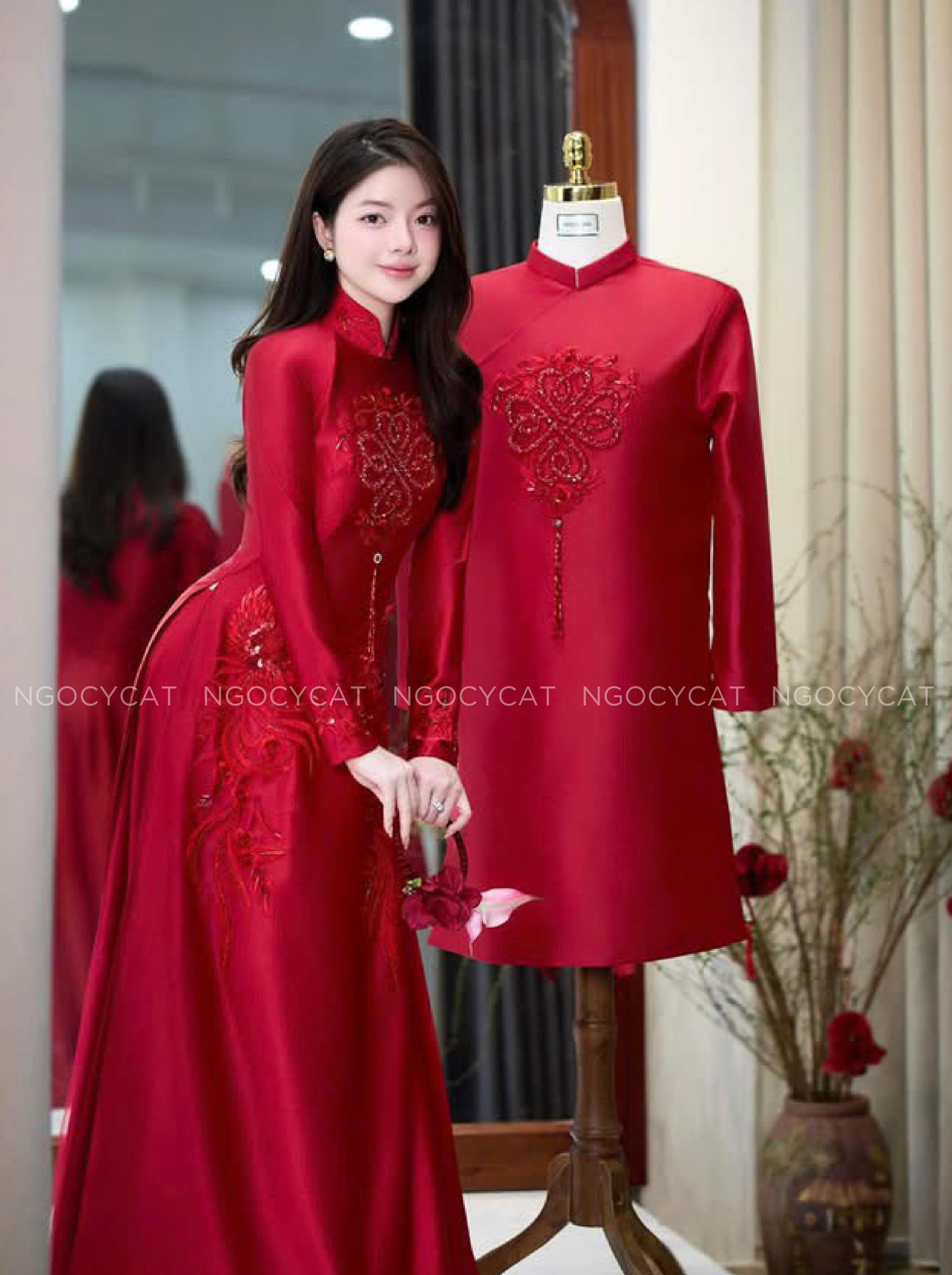 Áo Dài Dâu Rể Đỏ Hỷ Thêu Song Phượng _thumbnail_2
