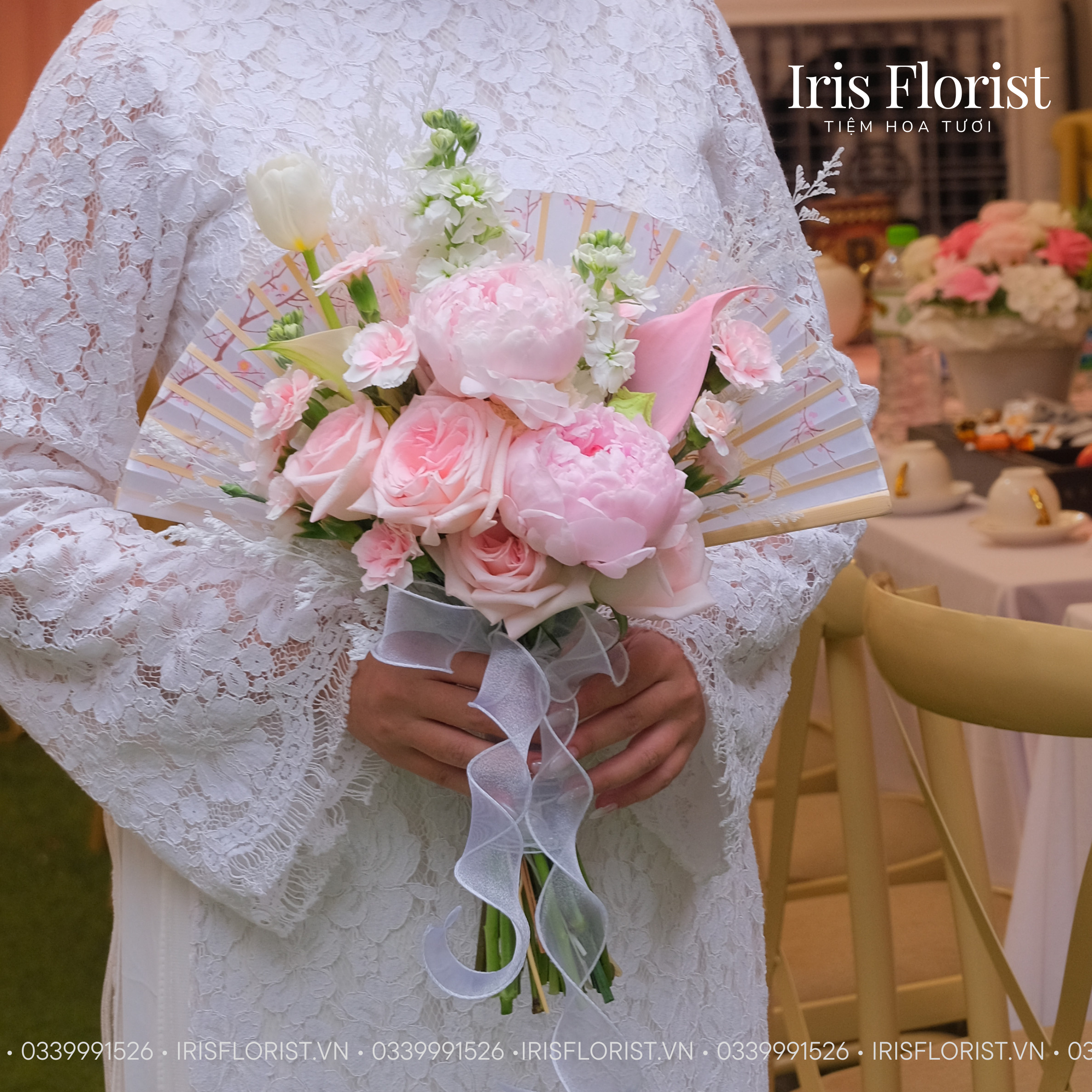 Quạt hoa cưới Peony hồng