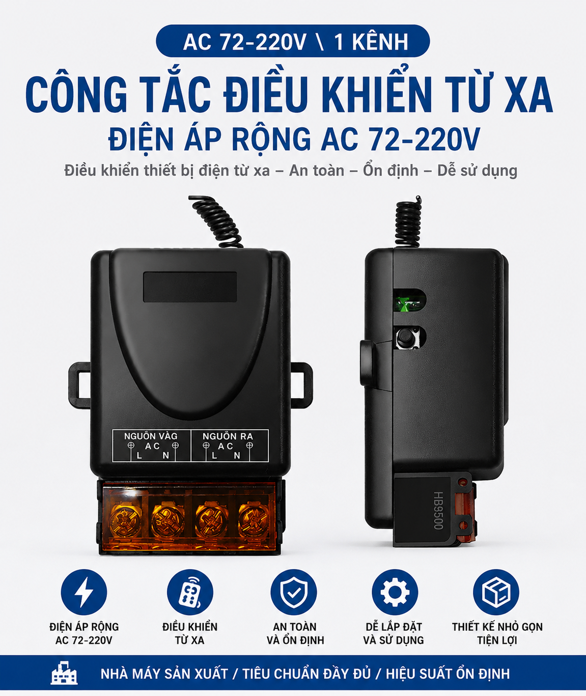 Công Tắc Điều Khiển Từ Xa AC 72-220V 1 Kênh RF Wireless Cho Máy Bơm, Động Cơ, Cửa Cuốn_thumbnail_1