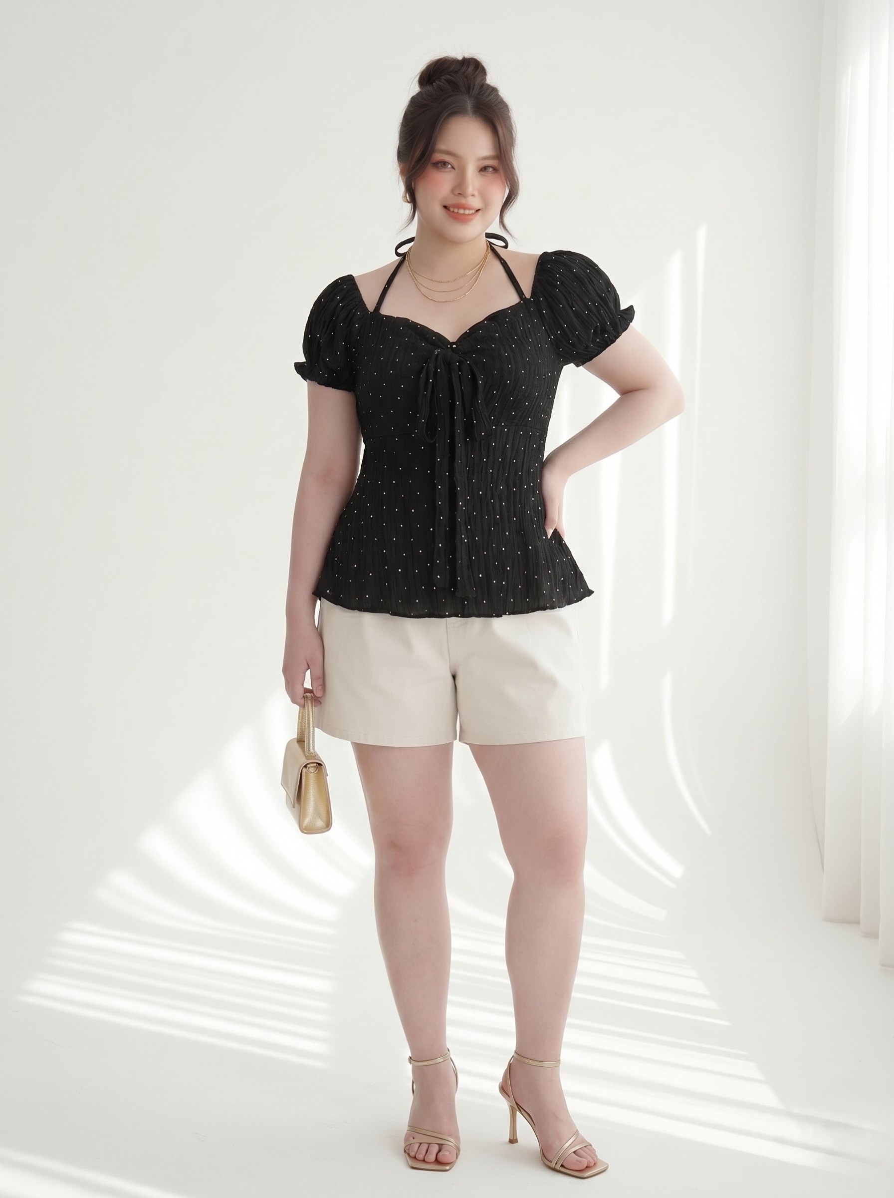 Áo Babydoll Bigsize Chấm Bi Tay Phồng Che Bụng - Đen - Vừa 55-90kg - AK104