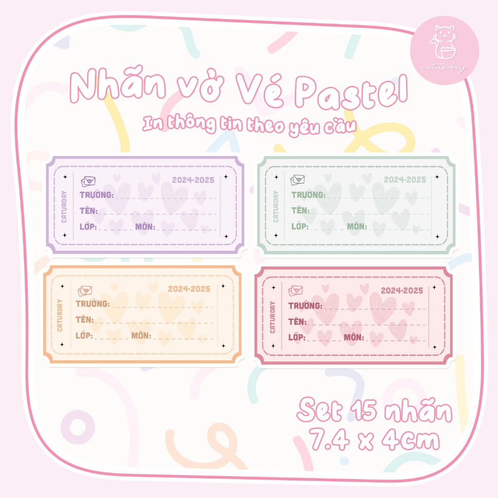 Set 15 nhãn vở VÉ MÀU PASTEL phong cách - In thông tin Trường, Tên, Lớp theo yêu cầu