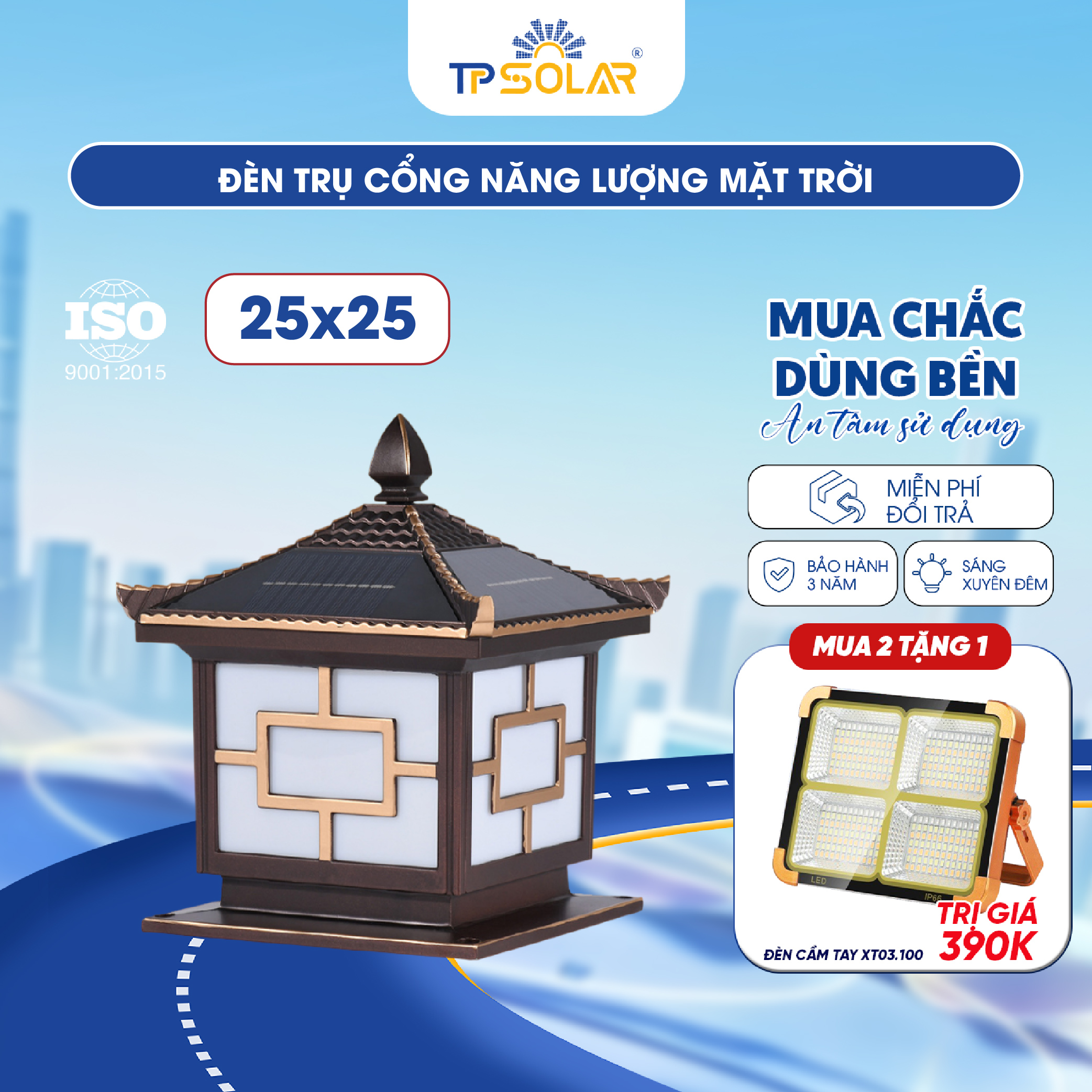 Đèn trụ cổng mái ngói năng lượng mặt trời TP SOLAR TC01
