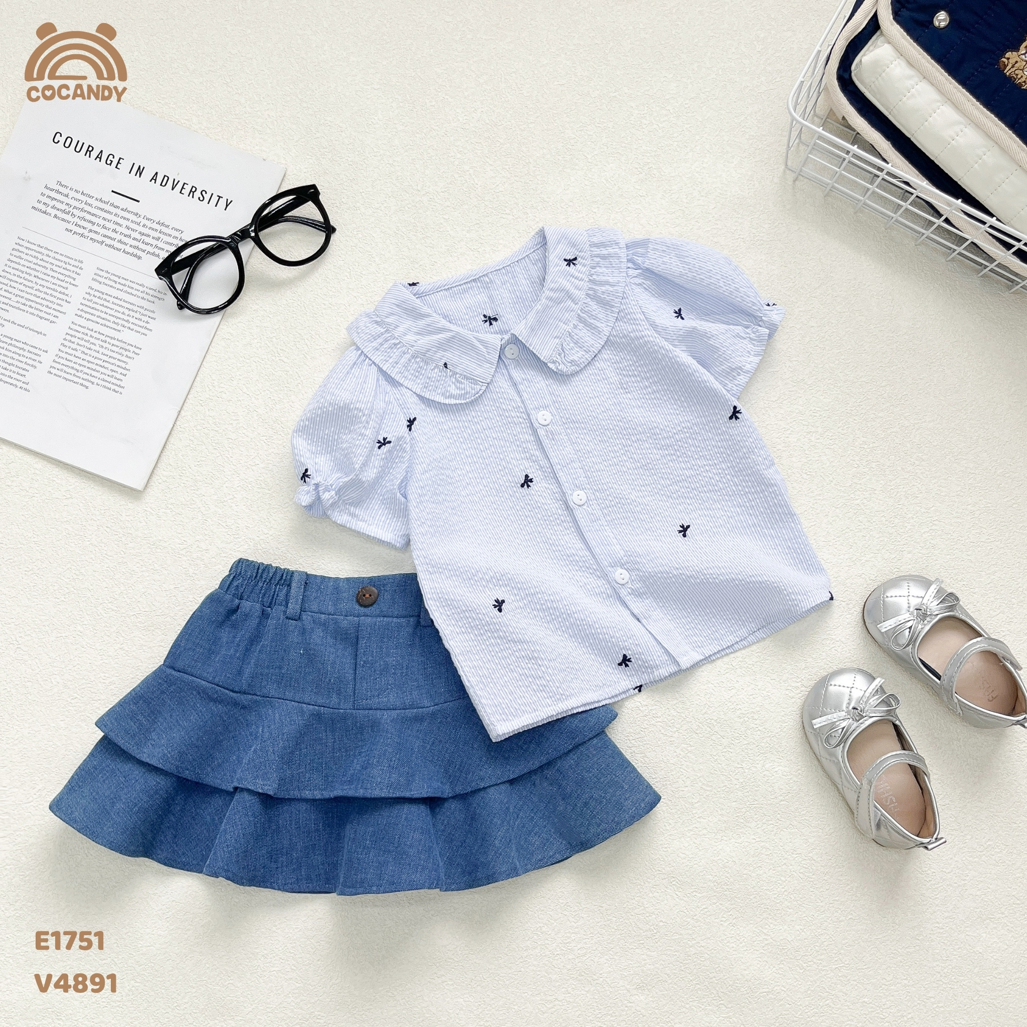 Áo cộc sơ mi thô XANH tay bồng hình nơ_thumbnail_2