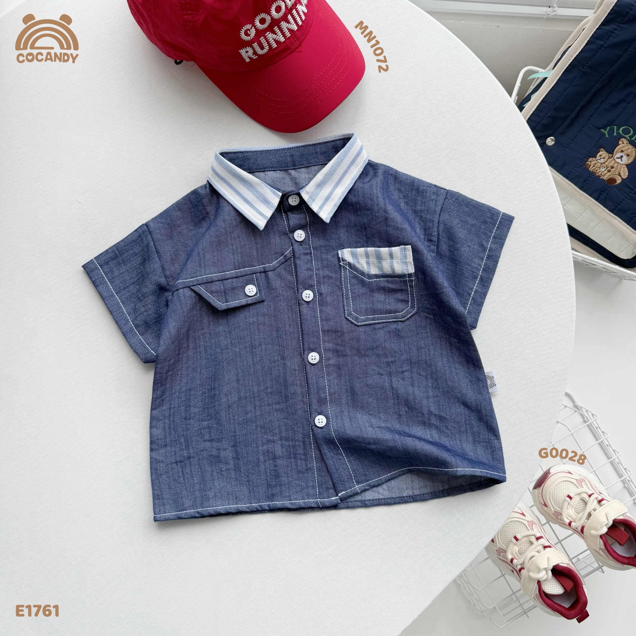 Áo cộc jeans XANH phối cổ sọc kẻ_thumbnail_3