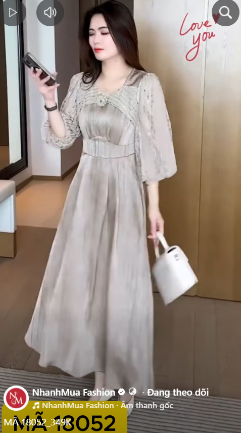 18052- Đầm xòe lụa xám phối tay kim sa (lụa nhung phối ren kim sa)
