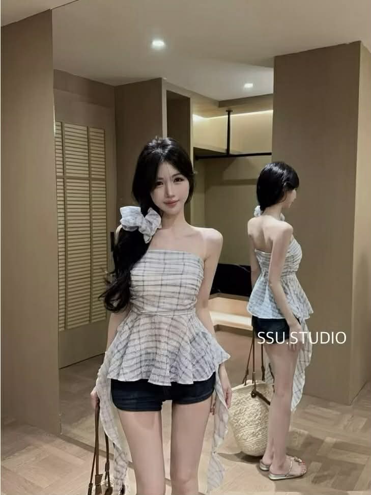 Lucas - Áo sơ mi quây vải caro thêu hoa chìm gấy xòe + dây buộc tóc_thumbnail_3