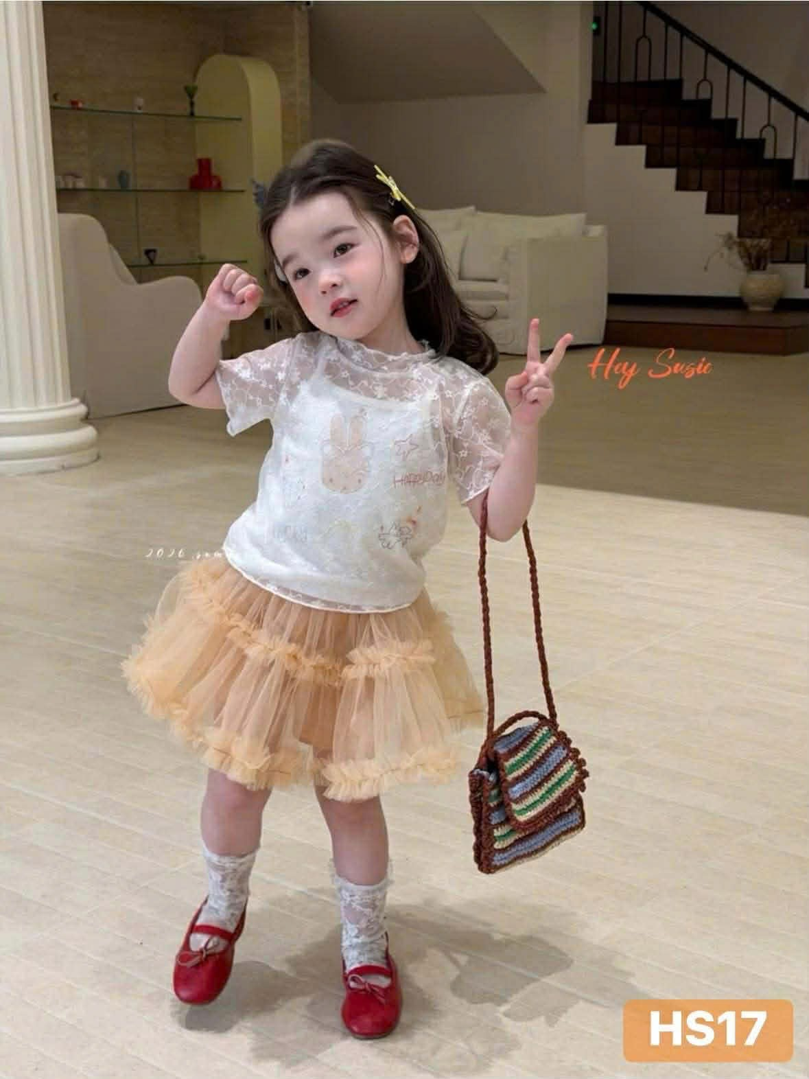 HS17 - Áo 2 dây trắng hoạ tiết thỏ mix áo lưới hãng Hey Susie
