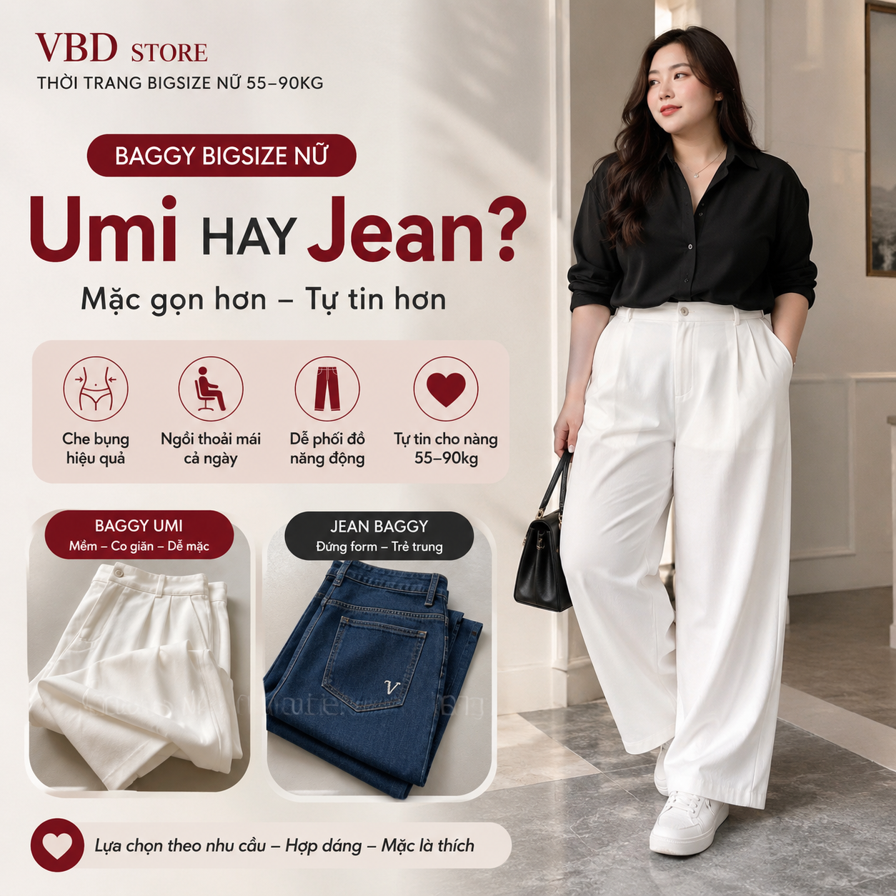 Quần Baggy Bigsize Nữ 55–90kg: Chọn Umi Hay Jean?