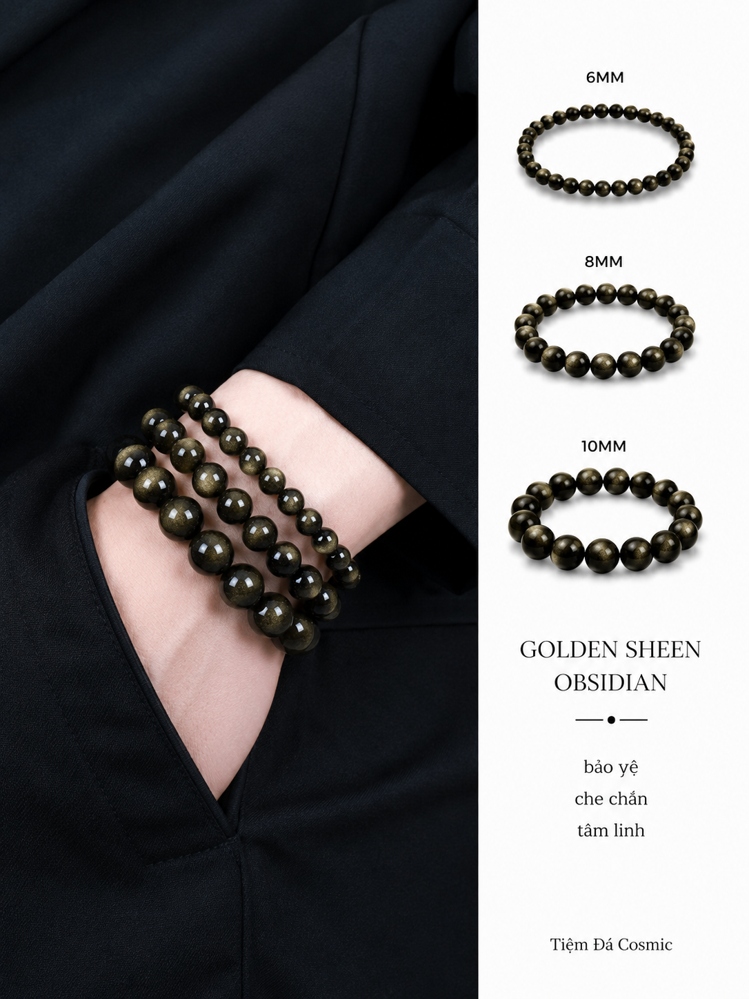 Vòng Đá Thủy Tinh Núi Lửa Ánh Kim Golden Sheen Obsidian