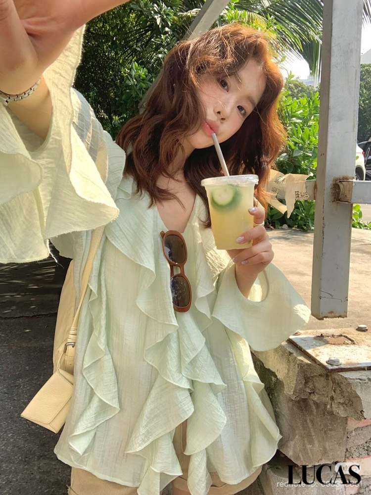 Áo sơ mi voan tơ cổ tim phối bèo lớn dọc áo cổ tay loe_thumbnail_5