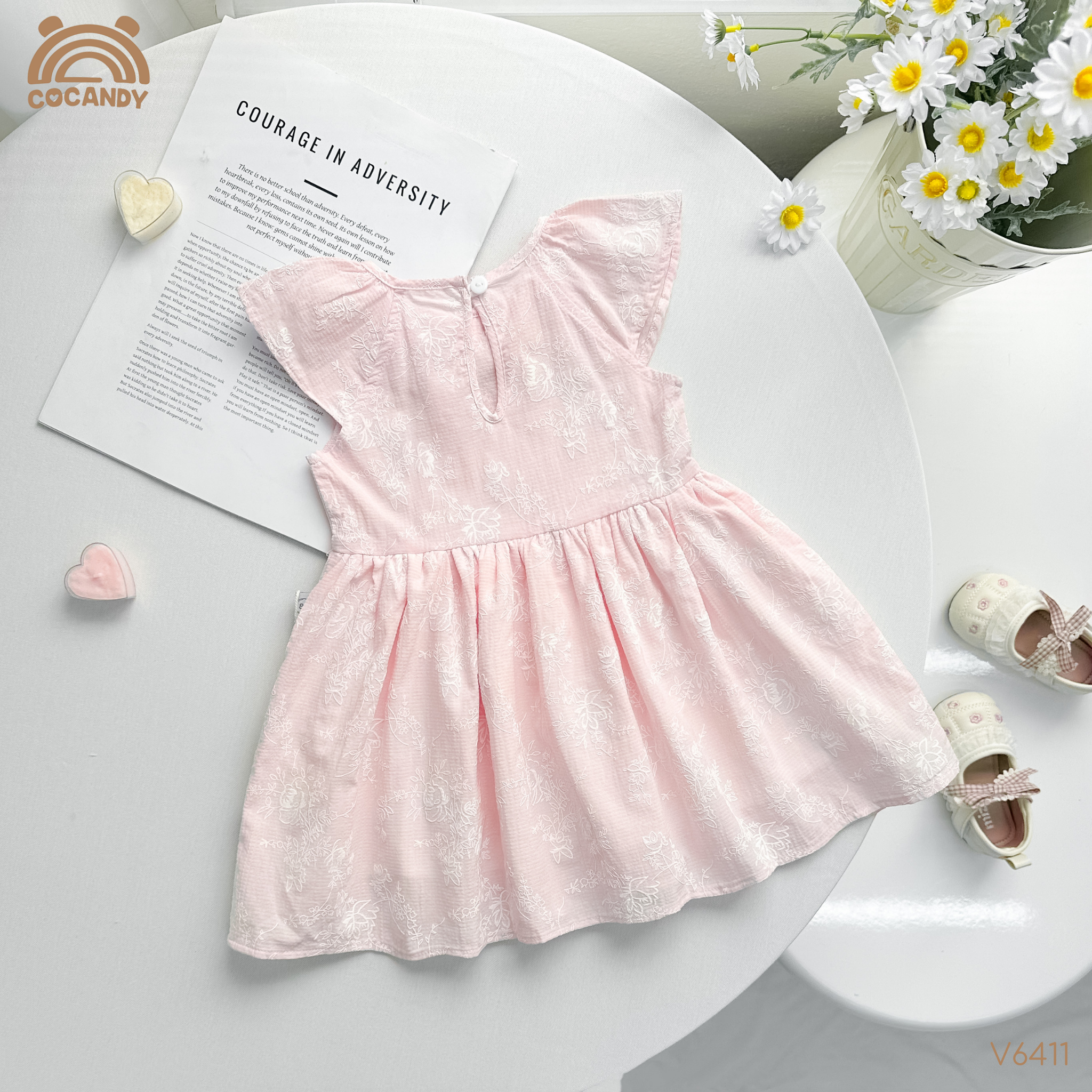 Váy cộc thô HỒNG hoa trắng cổ nơ ren_thumbnail_1