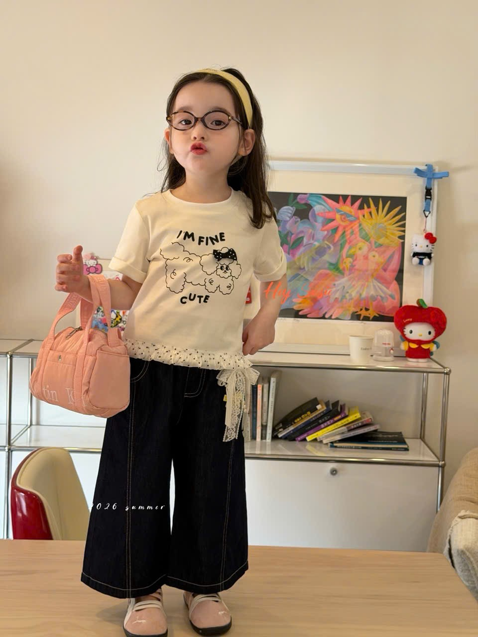 HS14 - Áo thun cộc tay hoạ tiết cún viền bèo chấm bi hãng Hey Susie