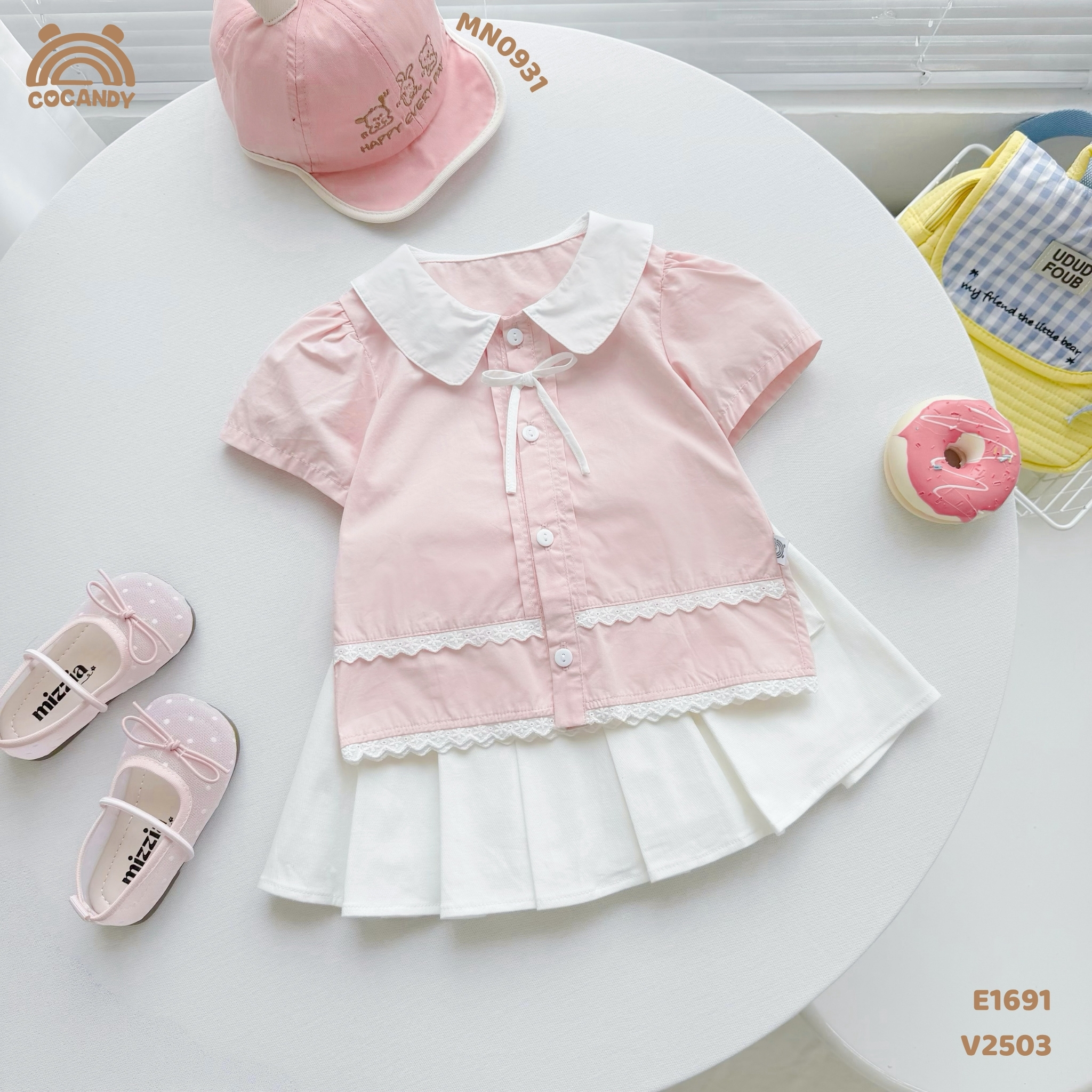 Áo cộc sơ mi thô HỒNG li dọc phối nơ