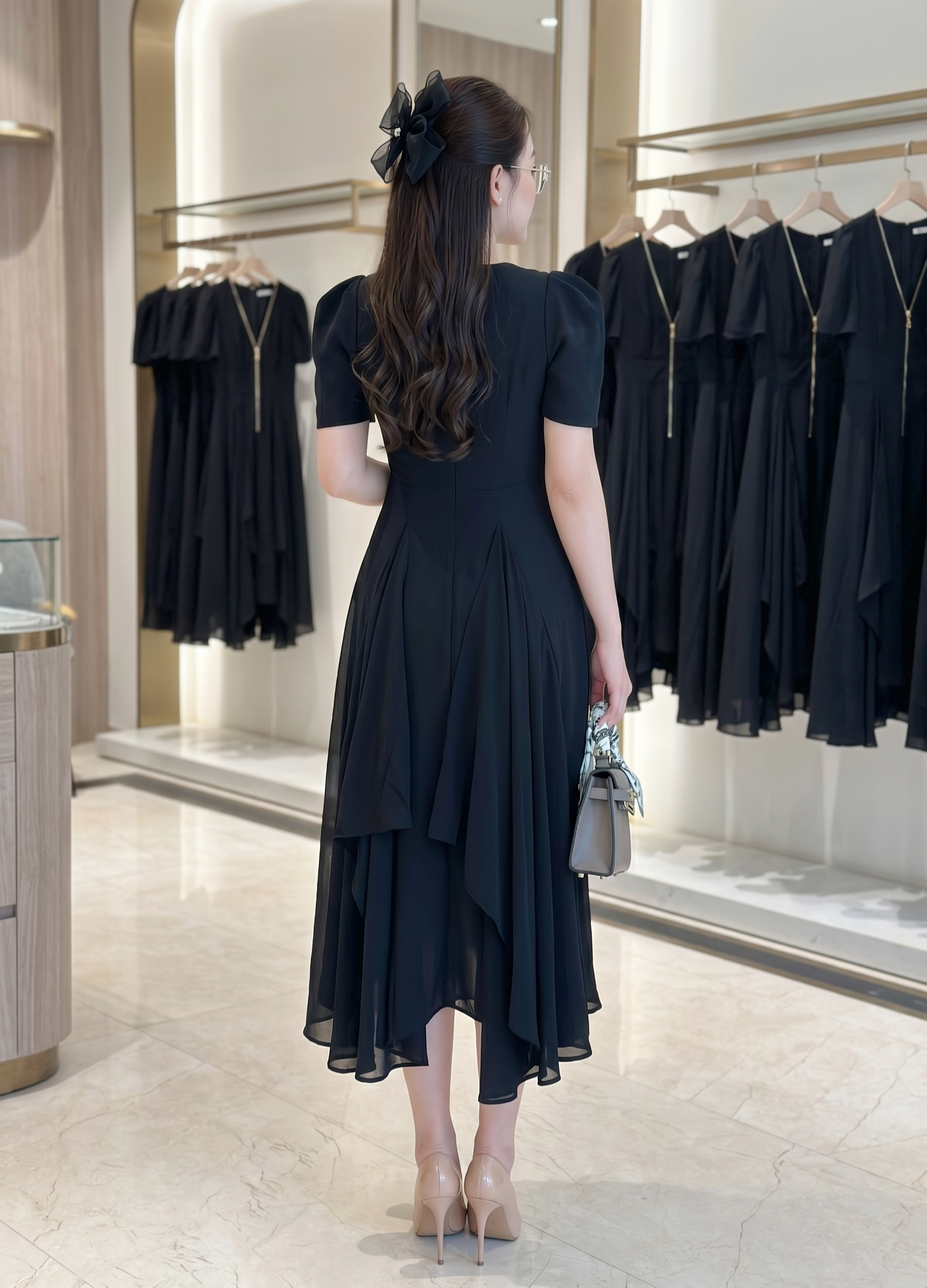 Đầm xòe thiết kế tay con cổ V phối đá_thumbnail_3