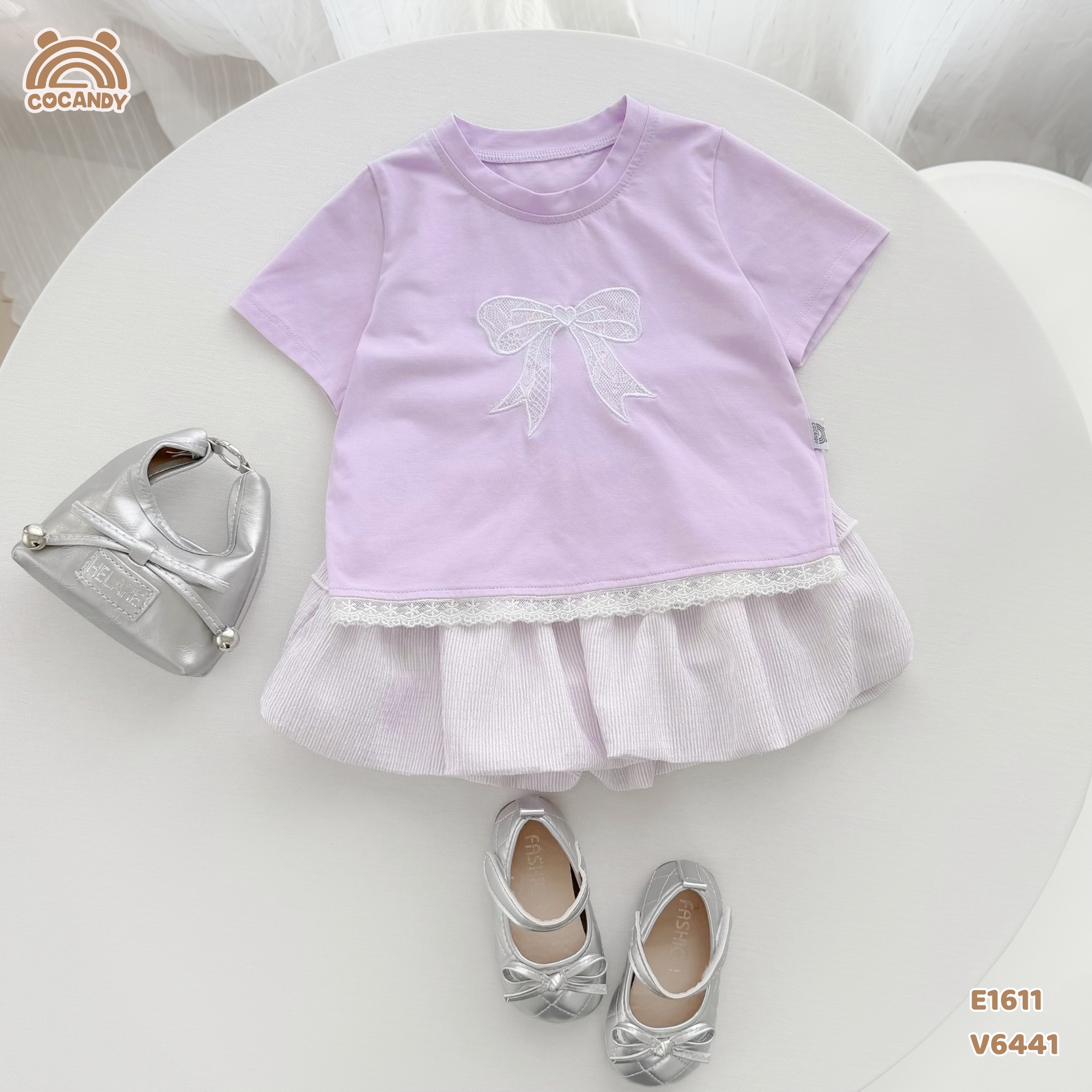 Áo cộc cotton TÍM thêu nơ