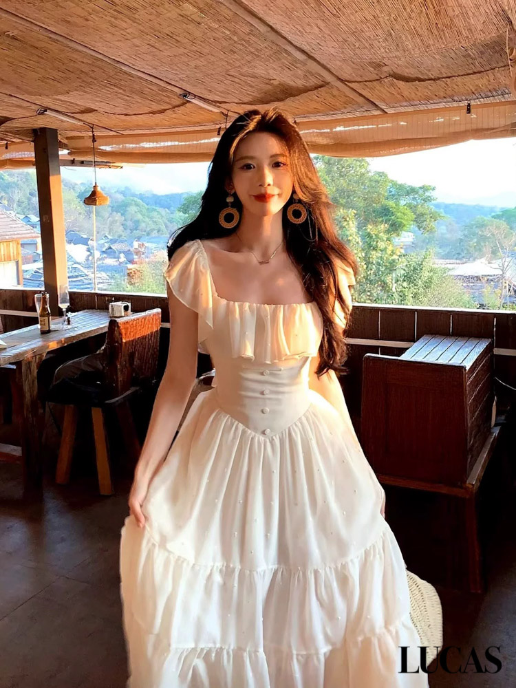 Váy maxi voan cổ vuông bèo viền cổ, tay hạ eo chéo đính cúc bọc, chân váy xòe nối tầng_thumbnail_6