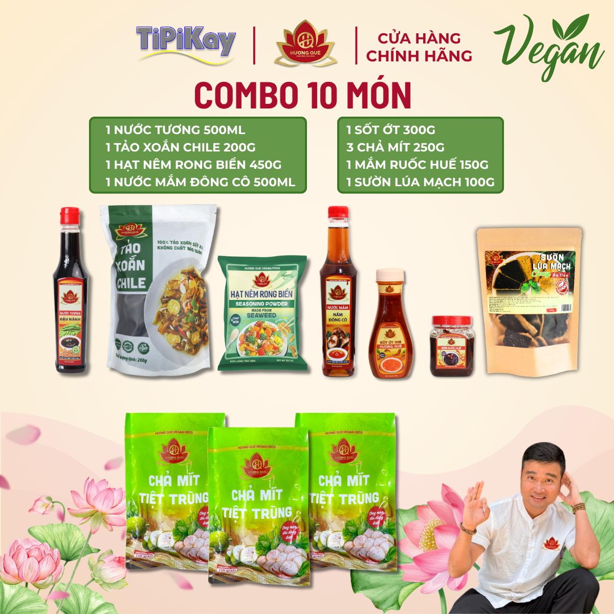 [Combo 10 Món] 1 Tảo Xoắn Chile 200g + 1 Nước Mắm Đông Cô 500ml + 1 Hạt Nêm Rong Biển 450g + 1 Nước Tương 500ml + 1 Sốt Ớt 300g + 1 Mắm Ruốc Huế 150g + 1 Sườn Lúa Mạch 100g + 3 Chả Mít 250g CBTP-CB10M2