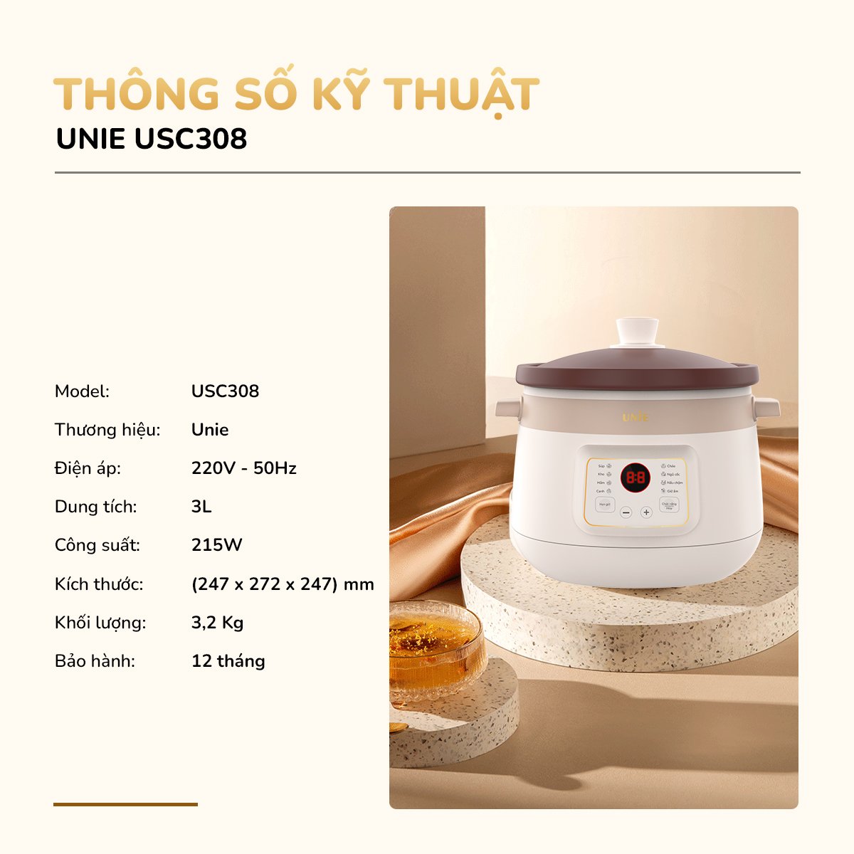 Nồi kho hầm đa năng UNIE USC308 dung tích 3L, lòng nồi gốm tử sa, 8 chức năng kho hầm_thumbnail_4