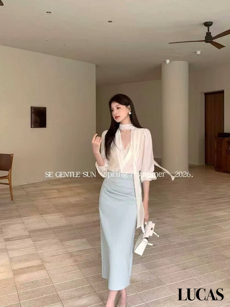 Áo sơ mi voan cổ tim khoét sâu phối ren ngực SE GENTLE SUN + dây vải_thumbnail_5