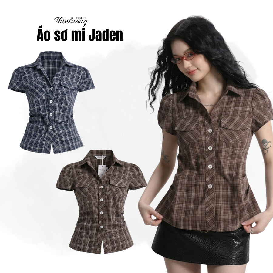 Áo caro xanh và nâu Jaden và quần short cạp thấp