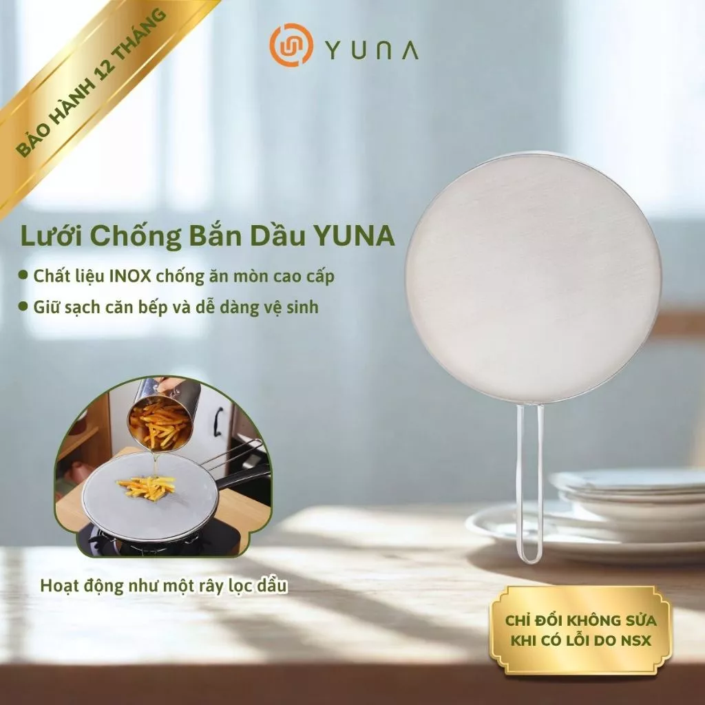 Lưới đậy chảo chống văng dầu mỡ YUNA inox có tay cầm - Nắp lưới đậy chảo chống văng dầu mỡ inox có tay cầm