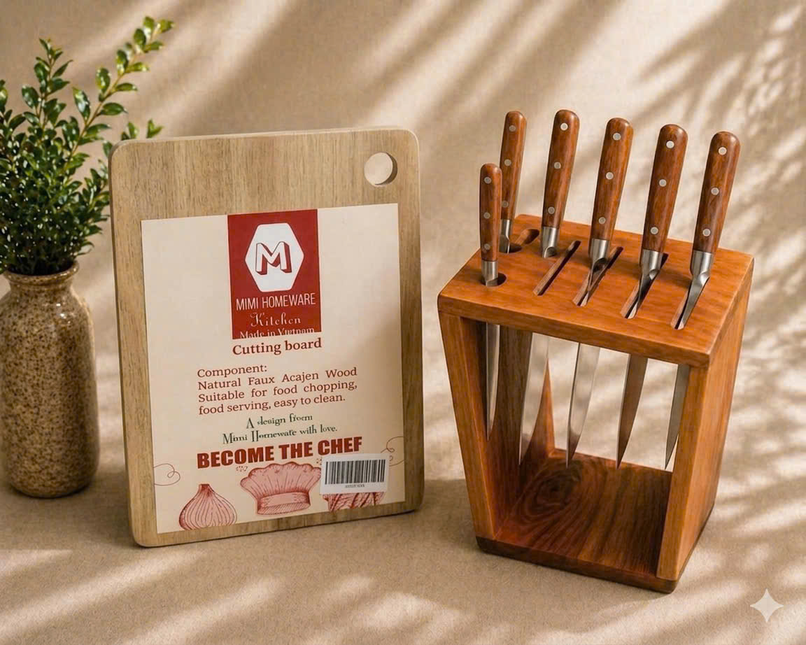 BỘ HỘP CẮM DAO & THỚT GỖ