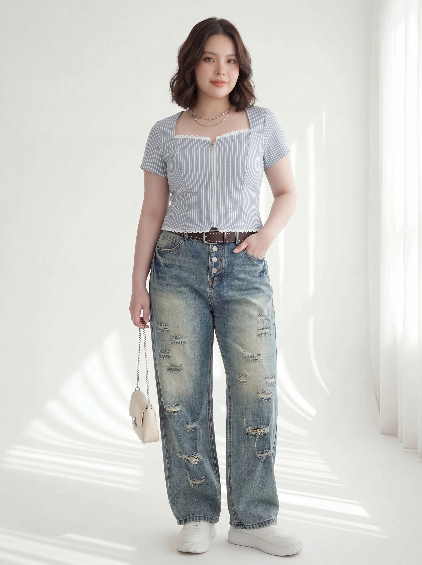 Quần Jean Suông Rách Bigsize 4 Nút Che Bụng - Xanh Bụi - Vừa 55-90kg - QJ623