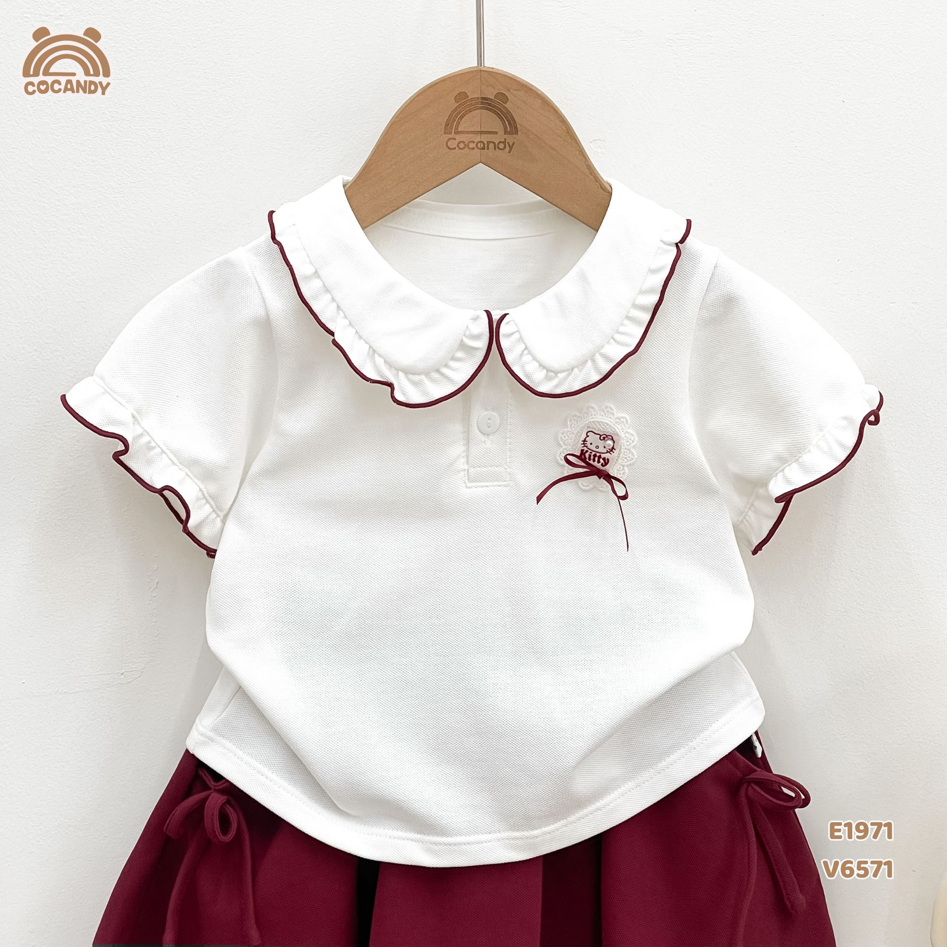 Áo cộc polo TRẮNG cổ sen kép phối nơ_thumbnail_1