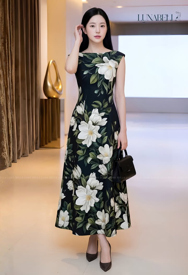 Váy liền dài in hoa SELOR màu ĐeN
