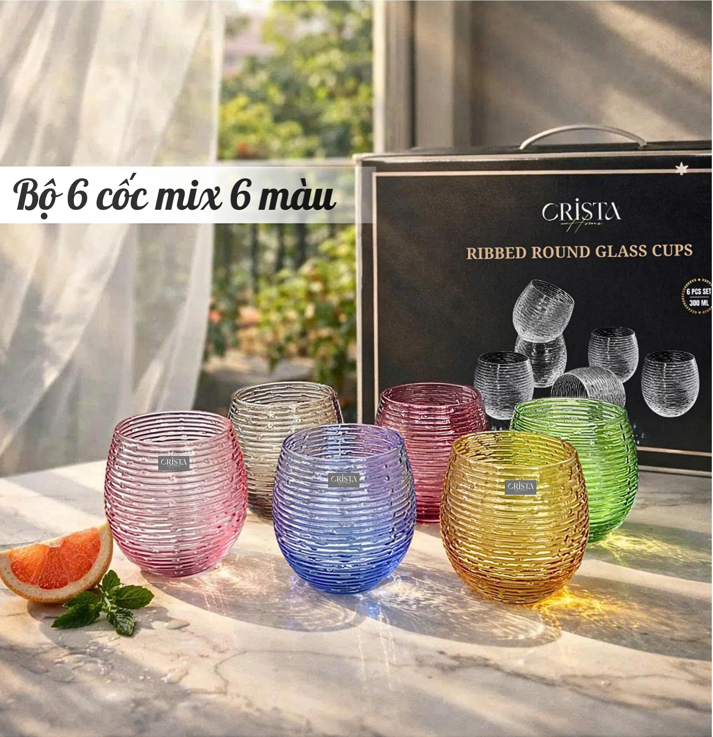 Set 6 cốc thủy tinh dáng bầu vân ngang 300ml Crista Home 60254_thumbnail_1