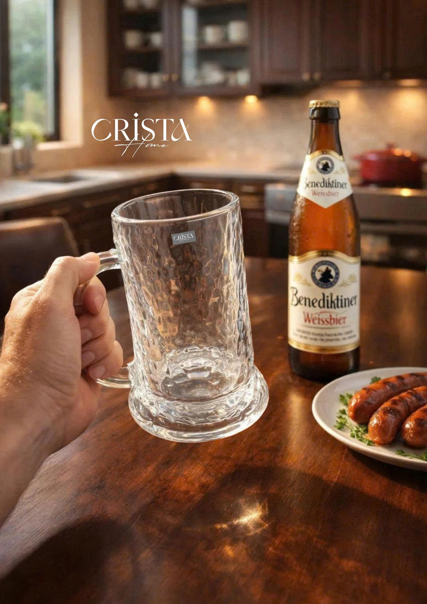 Bộ 6 cốc ly bia thủy tinh vân sóng nước có quai 420ml Crista Home