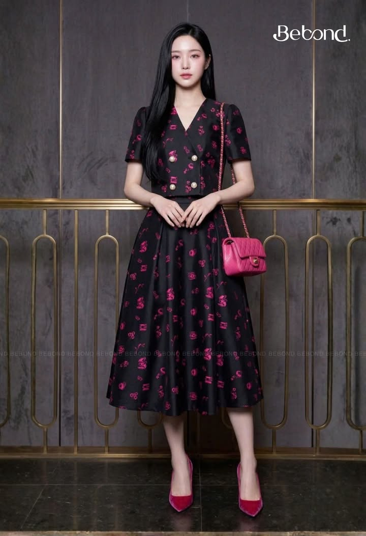 Chân váy dài VELLINA màu ĐEN hoa tiết hồng