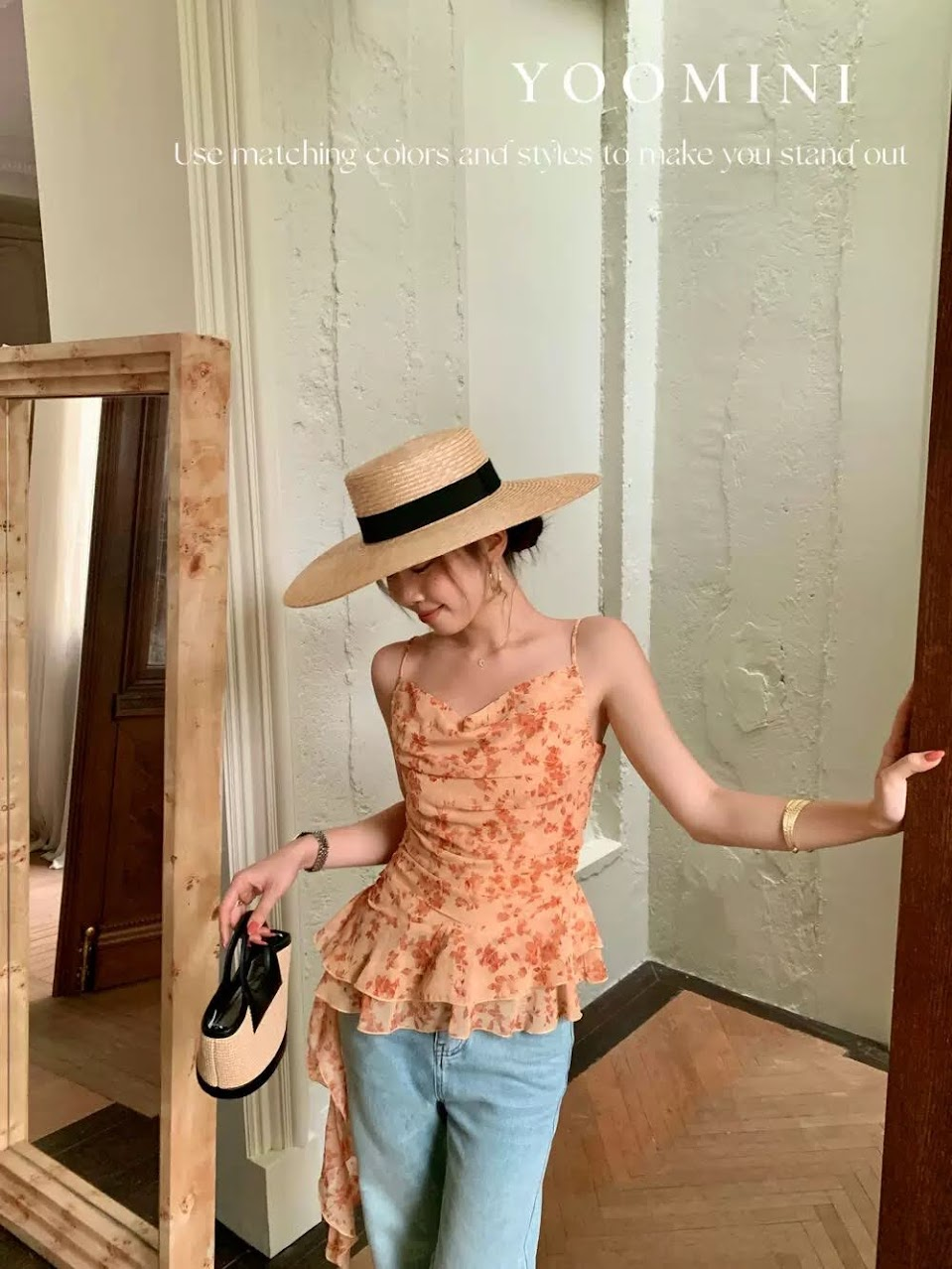 Lucas - Áo sơ mi 2 dây hoa voan cổ đổ rúm thân gấu bèo 2 tầng vạt lệch 1 bên