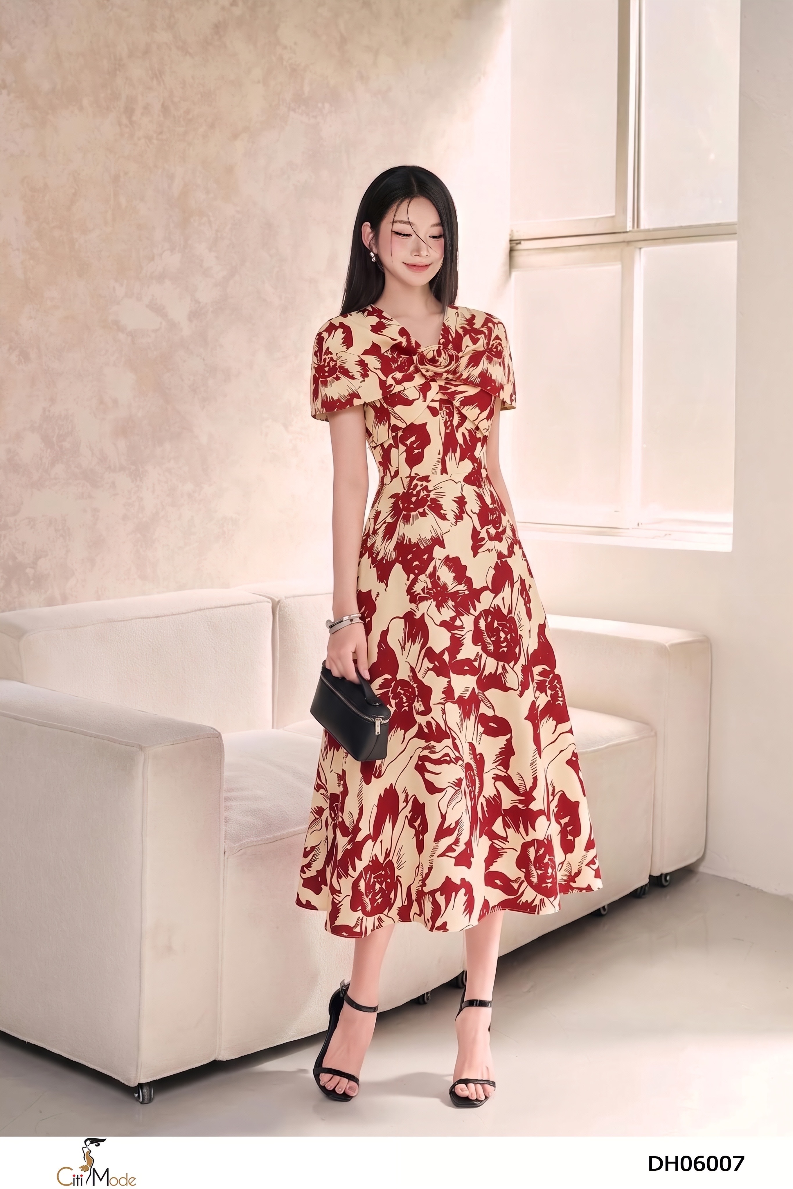 Đầm xòe hoa đỏ vai cách điệu nhún ngực cổ V hoa_thumbnail_6