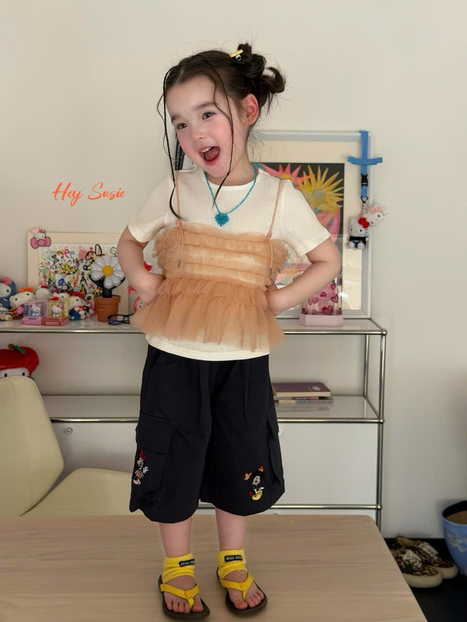 HS18 - Set áo thin cộc tay mix 2 dây voan cam hãng Hey Susie