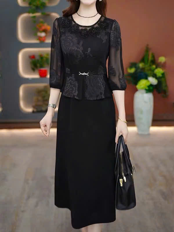 18508-Đầm suông peplum phối voa hoa tay  lở  ( voan,lụa )