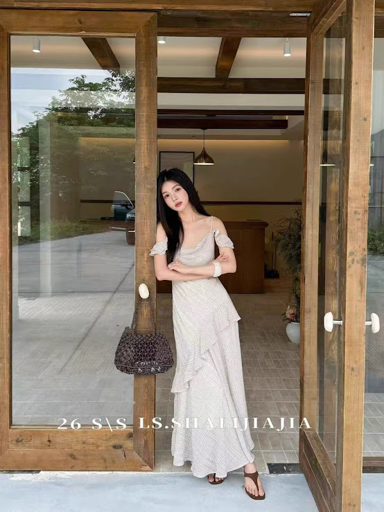 Lucas - váy 2 dây cổ đổ bèo tay 2 lớp dáng dài chân xòe SHALIJIA