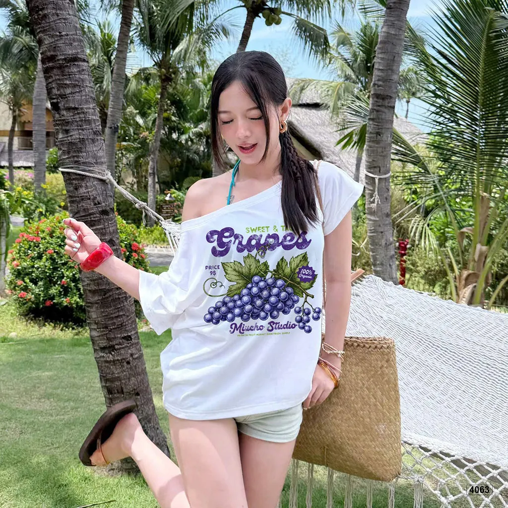 Áo thun nữ form rộng lệch vai họa tiết trái cây mùa hè Miucho 4063_thumbnail_4